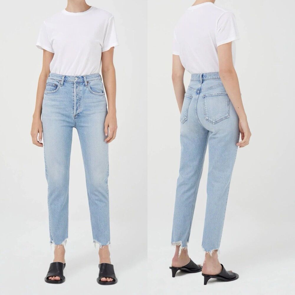 NWT AGOLDE Riley High Rise Straight Crop Bitter Wash 32 Button Fly Frayed $198